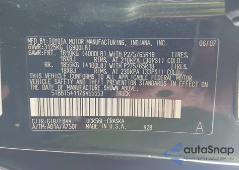 2007 Toyota Tundra Sr5 4.7L V8 from USA, damaged, VIN 5TBBT54117S455553